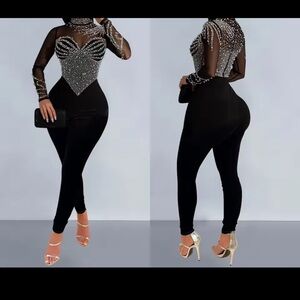 Elegant Black Pearl Jumpsuit with Silver rhinestone Accents medium